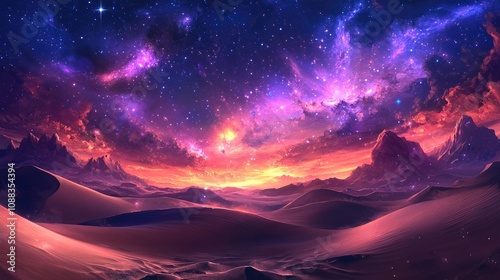 Majestic sand dunes illuminated by a breathtaking sunset, beneath a starry sky filled with vibrant galaxies and nebulae, evoking a mystical desert landscape.