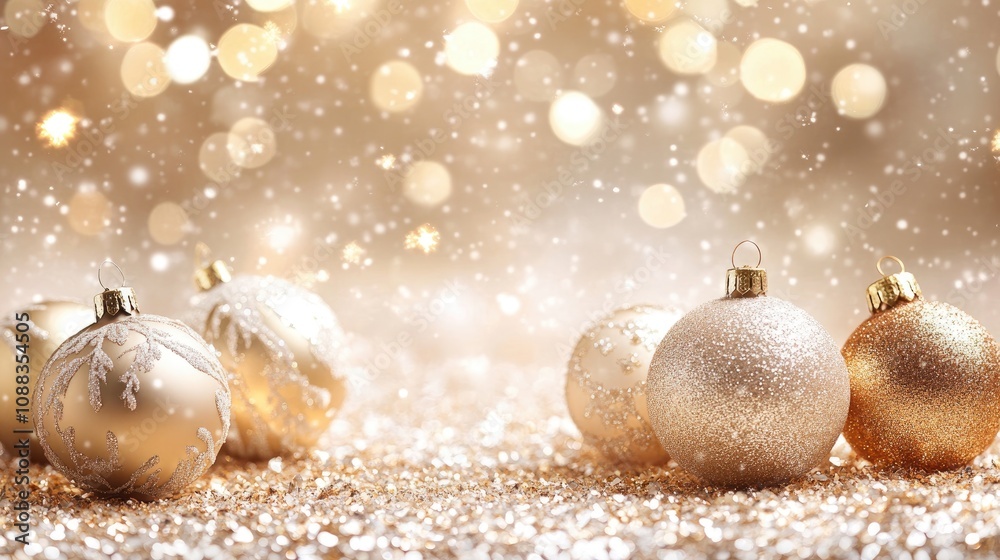 Elegant golden Christmas ornaments surrounded by sparkling bokeh lights and glimmering decorations create a festive holiday atmosphere. Elegant golden Christmas ornaments surrounded by sparkling bokeh lights and glimmering decorations create a festive holiday atmosphere.