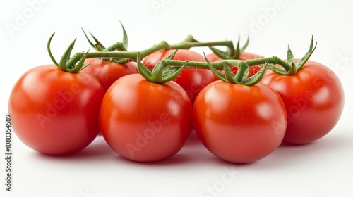 A bunch of fresh, ripe tomatoes with their smooth, shiny skins and small green stems