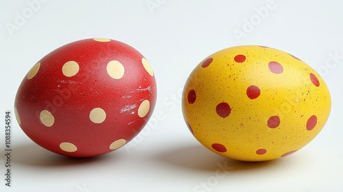 Wallpaper Mural Colorful polka-dotted eggs in vibrant red and yellow hues, featuring playful patterns of contrasting dots set against a clean background. Torontodigital.ca