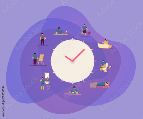 Happy boy daily routine clocks flat vector illustration. Cartoon child schedule from eating breakfast in morning to sleeping at night. Everyday life and health activity, lifestyle concept