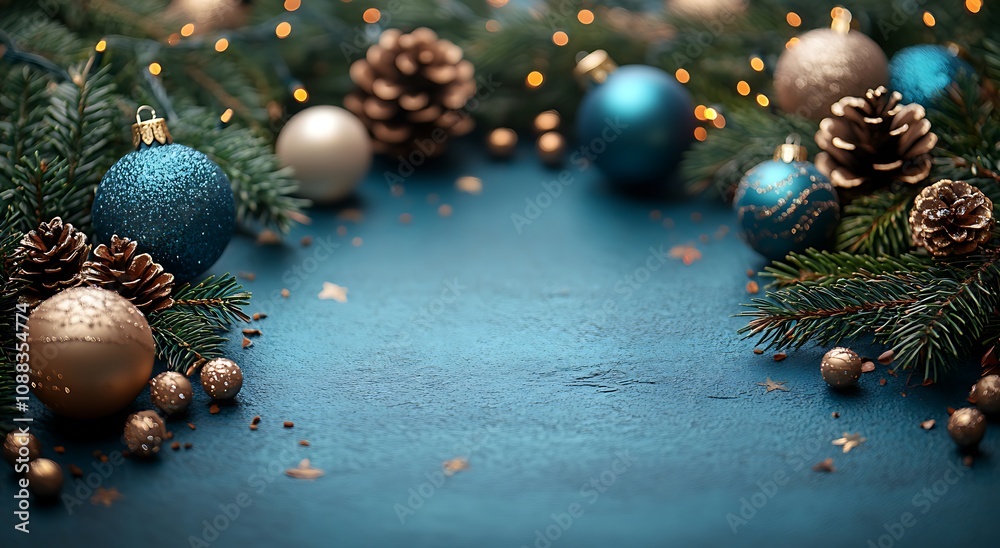 Festive Blue Background with Ornaments and Pine Cones
Festive Blue Background with Ornaments and Pine Cones