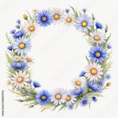 Soft and delicate watercolor wreath made of daisies and cornflowers, painted in pastel tones for a light, whimsical touch