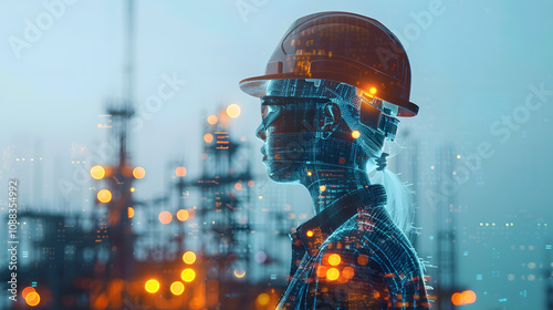 Future building construction engineering and technology project concept. double exposure graphic with engineer working and smart industry and IOT software to control operation photo