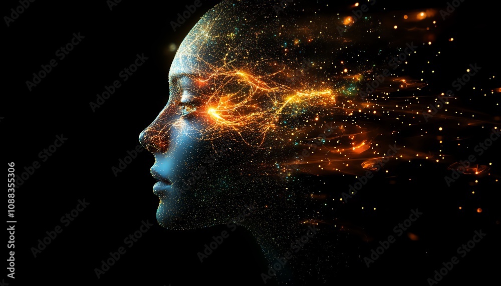Glowing data particles surrounding digital human head, dark background, artificial intelligence concept, advanced neural pathways, technologyinspired design