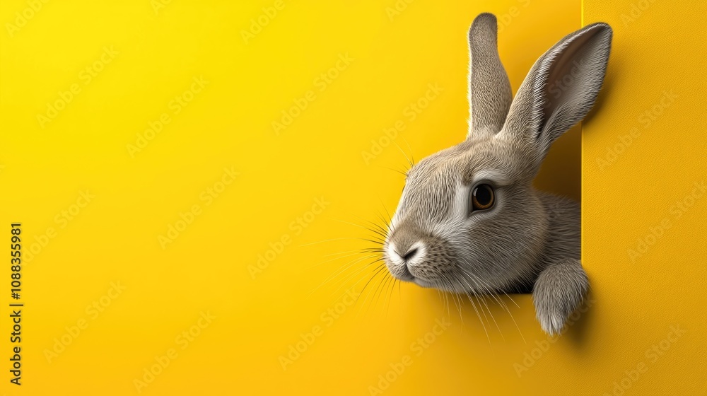 Fototapeta premium Illustration of a Rabbit Peeking Out from a Bright Yellow Barrier with Space for Custom Advertising and Messaging in a Creative Design Template