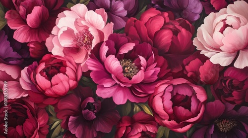 Fototapeta Naklejka Na Ścianę i Meble -  Close-up of a lush floral backdrop filled with vibrant magenta and burgundy peonies, perfect for festive and luxurious celebration themes.
