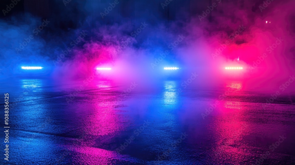 Wet pavement illuminated by vibrant neon lights and a searchlight, wrapped in smoke, creating an atmospheric nighttime cityscape in a deserted setting. Wet pavement illuminated by vibrant neon lights and a searchlight, wrapped in smoke, creating an atmospheric nighttime cityscape in a deserted setting.