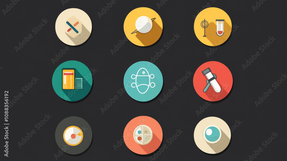 Simple icons showing science in circles, representing online learning. Simple icons showing science in circles, representing online learning.