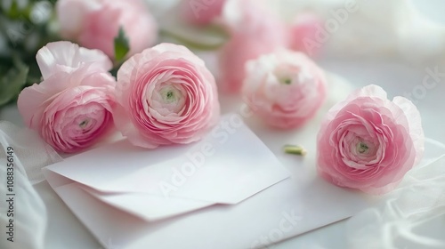 Envelope and letter placed beside delicate pink ranunculus flowers on a serene white table, perfect for a wedding greeting or special occasion mockup.