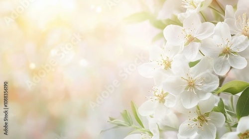 Delicate white spring flowers in an elegant background frame with ample soft light, perfect for invitations or greeting cards with ample copy space.