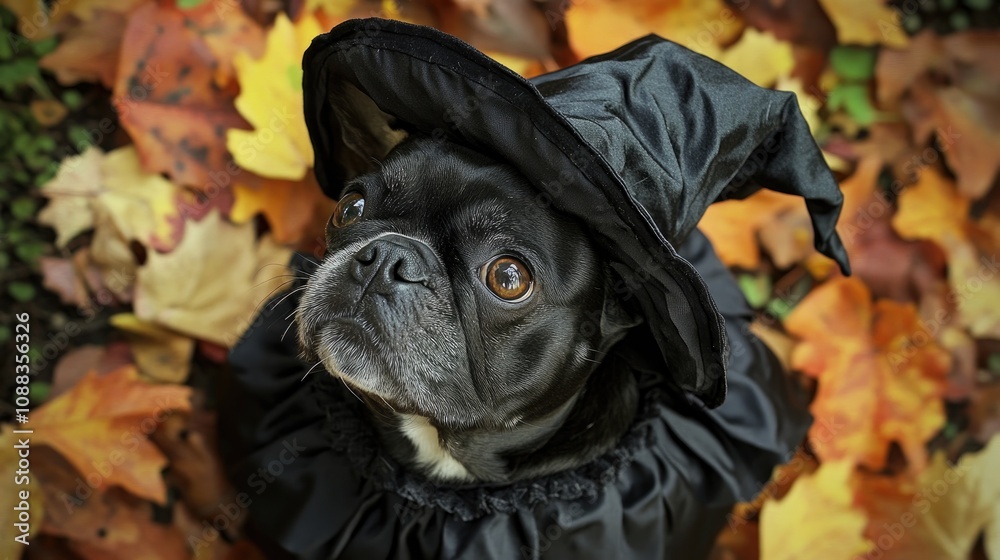 French Bulldog in witch costume surrounded by vibrant autumn leaves perfect for a festive Halloween atmosphere French Bulldog in witch costume surrounded by vibrant autumn leaves perfect for a festive Halloween atmosphere