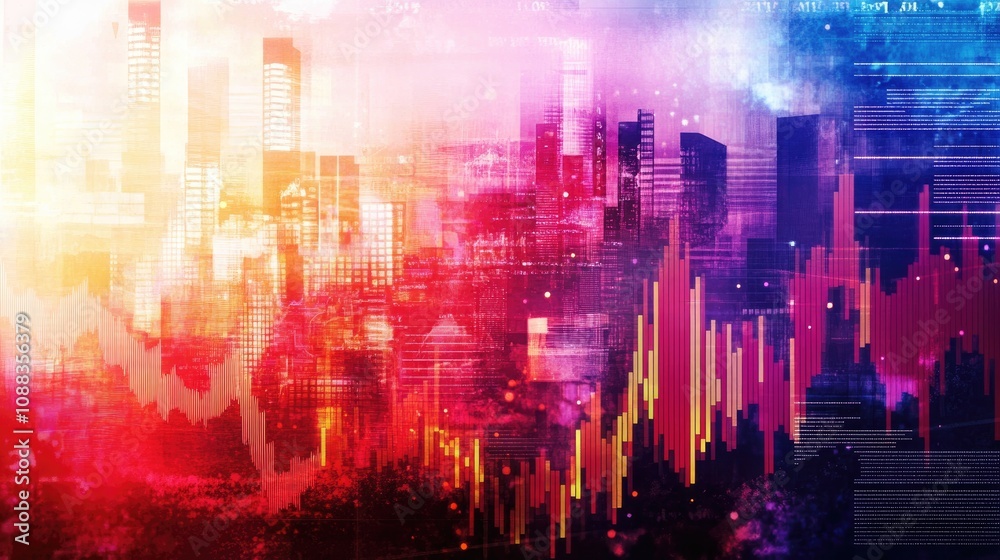 Obraz premium Vibrant digital collage with stock market graphs and binary code overlaying urban skyline, depicting modern financial and technological landscapes, finance, data trends.