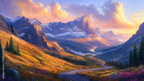 Majestic sunrise illuminating a winding road through vibrant wildflowers and towering mountains under a colorful sky with soft clouds.