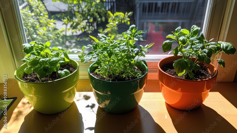 Three colorful pots filled with thriving green herbs on a bright windowsill basking in sunlight, showcasing a home gardening vibe. Three colorful pots filled with thriving green herbs on a bright windowsill basking in sunlight, showcasing a home gardening vibe.