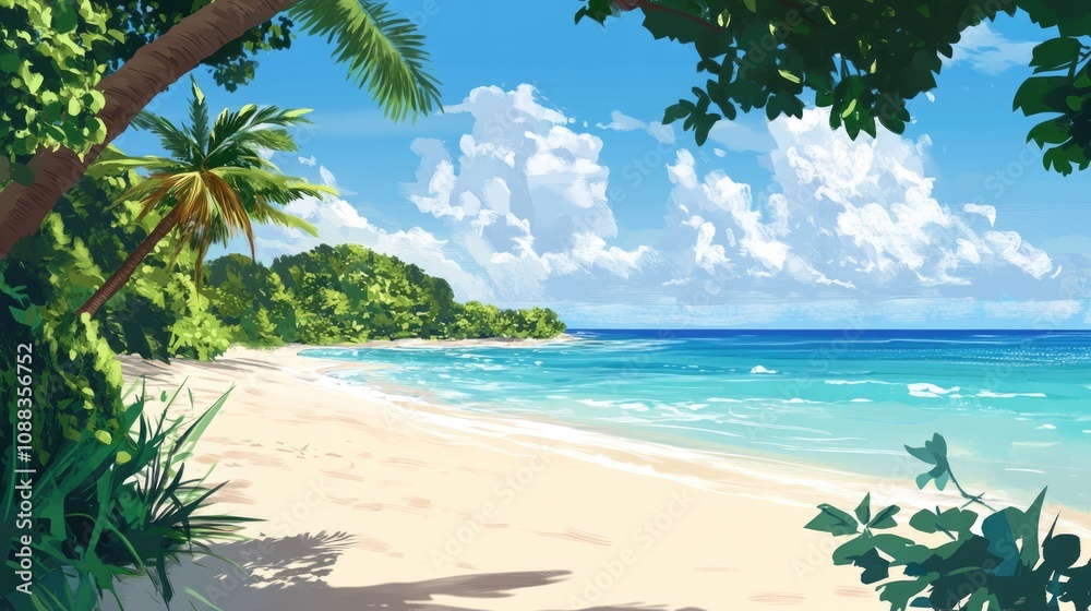 Naklejka premium Serene tropical beach scene with soft white sand, clear turquoise waters, lush greenery, and a bright blue sky filled with fluffy clouds.