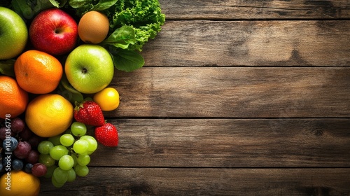 Vibrant assortment of fresh fruits and vegetables arranged on rustic wooden table, emphasizing nutritious options for a healthy vegetarian and vegan diet.