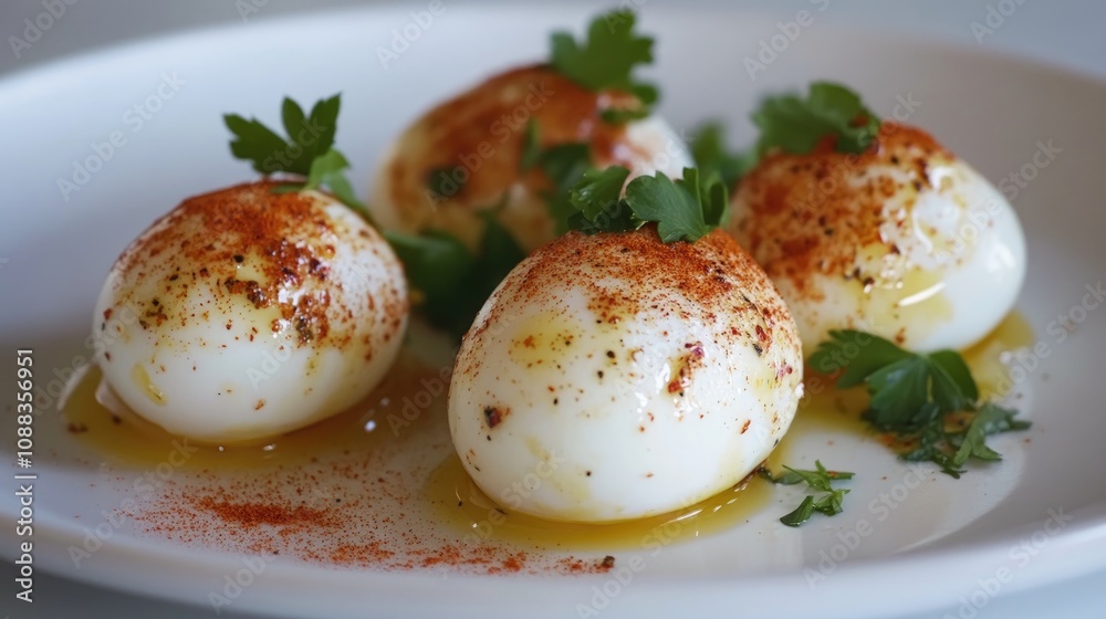 Soft boiled eggs topped with vibrant parsley and a sprinkle of paprika, beautifully arranged on a classic white plate, showcasing a delicious breakfast dish. Soft boiled eggs topped with vibrant parsley and a sprinkle of paprika, beautifully arranged on a classic white plate, showcasing a delicious breakfast dish.