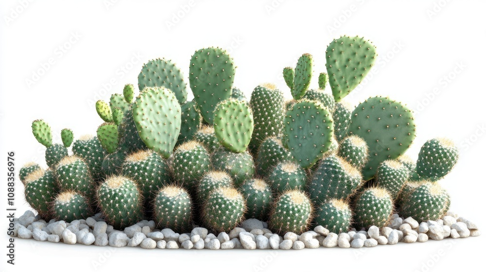 Vibrant cluster of prickly pear cactus with diverse green pads and spines, set against a clean white background, highlighting its unique texture and shape. Vibrant cluster of prickly pear cactus with diverse green pads and spines, set against a clean white background, highlighting its unique texture and shape.