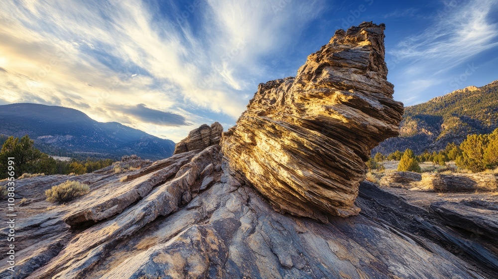 Intricate Rock Formation Highlighting Striations under Dramatic Sky in Mountain Valley Landscape Intricate Rock Formation Highlighting Striations under Dramatic Sky in Mountain Valley Landscape