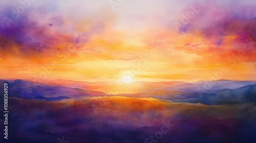 Elegant watercolor sunset backdrop featuring vibrant orange and violet hues blending across a tranquil sky with soft clouds and distant mountains.