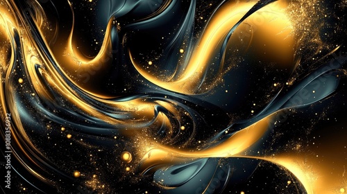 Dynamic swirling abstract design blending luminous gold and deep black hues in a captivating pattern, ideal for modern artistic projects and luxurious backgrounds, gold tones. photo