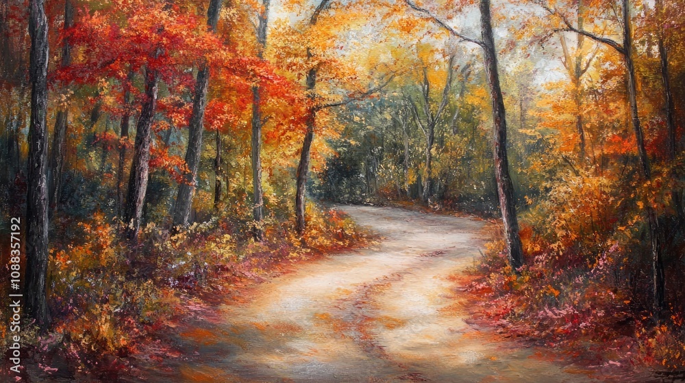 Fototapeta premium Winding path through tranquil autumn forest, vibrant orange and red foliage, dried maple leaves covering the ground, serene atmosphere, scenic park trail, nature landscape.