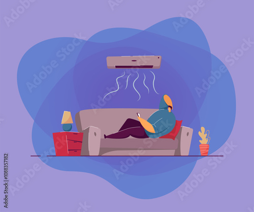 Lazy guy lying on sofa under air conditioner isolated flat vector illustration. Cartoon man relaxing on couch in cold living room. Comfort control at home and leisure concept