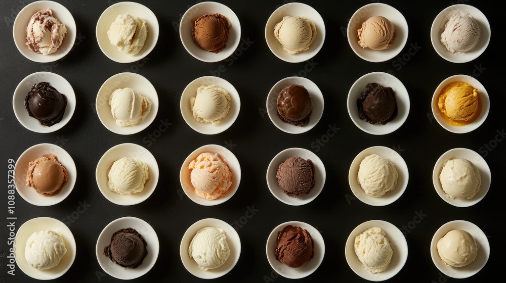 Assorted ice cream scoops in white bowls displayed on a dark surface showcasing a variety of flavors and textures in an appetizing arrangement. Assorted ice cream scoops in white bowls displayed on a dark surface showcasing a variety of flavors and textures in an appetizing arrangement.