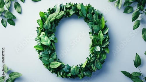 Green leaves beautifully arranged to form the letter O, surrounded by additional greenery, creating a fresh nature-inspired concept.