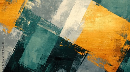 Retro-inspired abstract artwork with golden brushstrokes, textured oil finish, and geometric patterns in green and gray, ideal for modern decor, wall art, and illustrative designs.