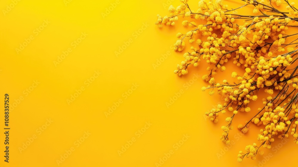 Vibrant mimosa flowers on a bright yellow background, providing spacious copy area, symbolizing the celebration of International Women's Day on March 8. Vibrant mimosa flowers on a bright yellow background, providing spacious copy area, symbolizing the celebration of International Women's Day on March 8.