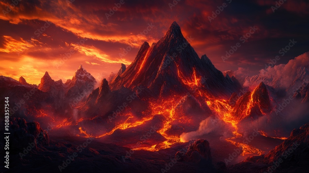 Fototapeta premium Majestic mountain landscape illuminated by molten lava at sunset, showcasing nature's fierce beauty and vibrant hues in a dramatic scene.