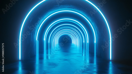 A blue, 3D-rendered image of a neon-lit tunnel in a virtual world.