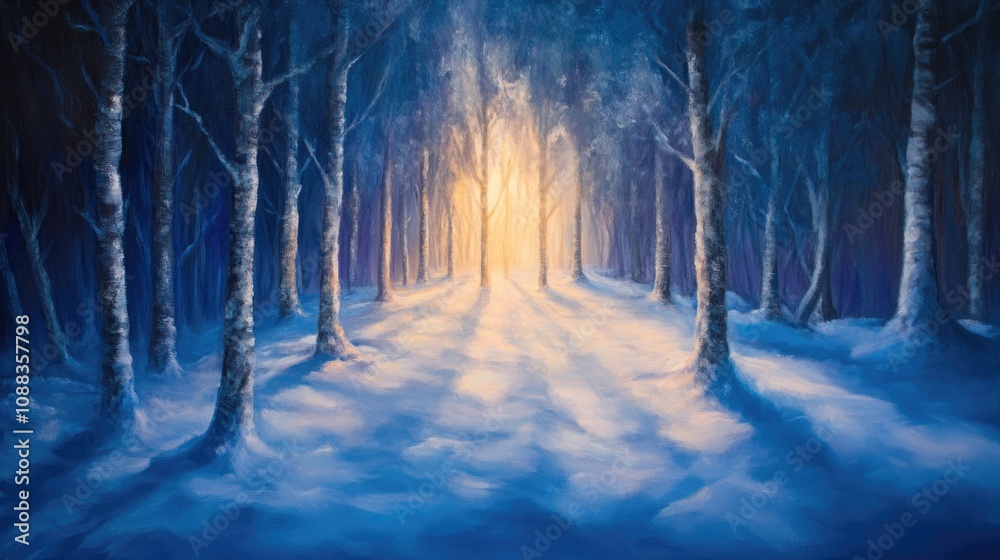 Naklejka premium A serene winter scene featuring a sunlit snowfield in a clearing, surrounded by tall trees casting long shadows in the tranquil, blue-toned forest.