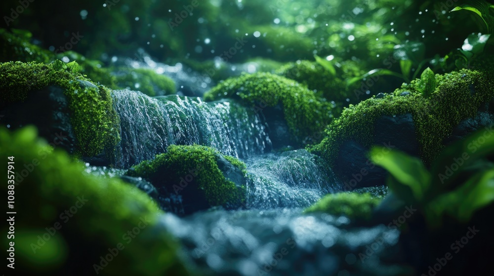 Cascading waterfall flowing over moss-covered rocks in a vibrant forest, showcasing lush greenery and shimmering water droplets.