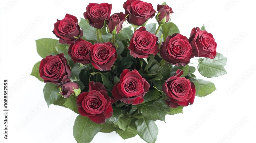Elegant overhead view of a lush red rose bouquet surrounded by vibrant green leaves against a clean white background. Elegant overhead view of a lush red rose bouquet surrounded by vibrant green leaves against a clean white background.