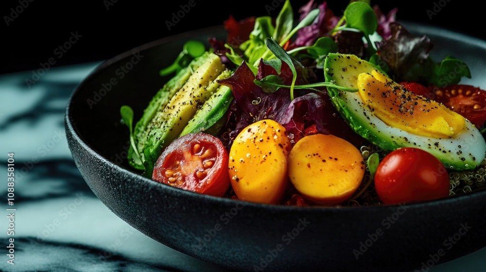 Colorful salad with quinoa, cherry tomatoes, mixed greens, avocado, boiled eggs, and microgreens served in a stylish black bowl on a marble surface. Colorful salad with quinoa, cherry tomatoes, mixed greens, avocado, boiled eggs, and microgreens served in a stylish black bowl on a marble surface.