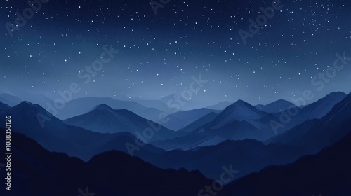 Majestic mountains silhouetted against a vast starry night sky, with varying shades of deep blue creating a tranquil and serene atmosphere.