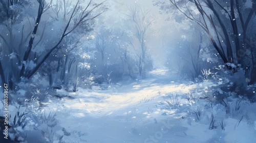 Winter landscape featuring serene frosty blue tones with a soft dusting of snow, highlighting tranquil trees and a peaceful snow-covered path.