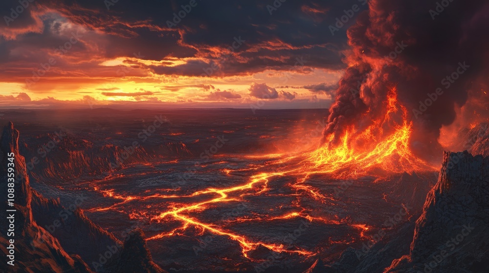 Raging lava cascades across a dramatic volcanic terrain, illuminated by a vibrant sunset beneath ominous dark clouds, creating a breathtaking natural spectacle. Raging lava cascades across a dramatic volcanic terrain, illuminated by a vibrant sunset beneath ominous dark clouds, creating a breathtaking natural spectacle.
