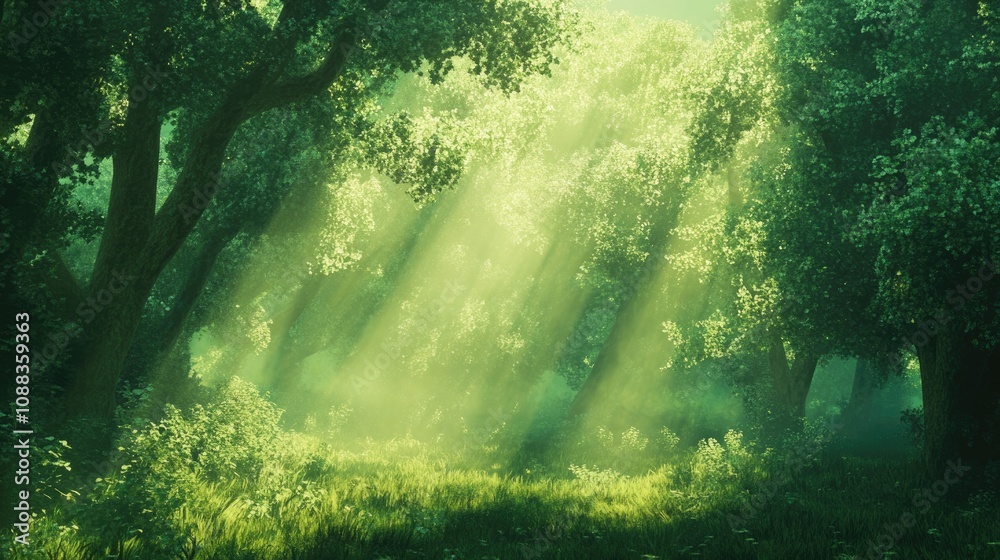 Obraz premium Sunlight Glimmers Through Lush Green Trees Creating a Serene Atmosphere in a Vibrant Forest Scene