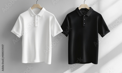 two plain black and white polo t-shirts for a mockup hanging on a hanger, front view. minimalist backgorund