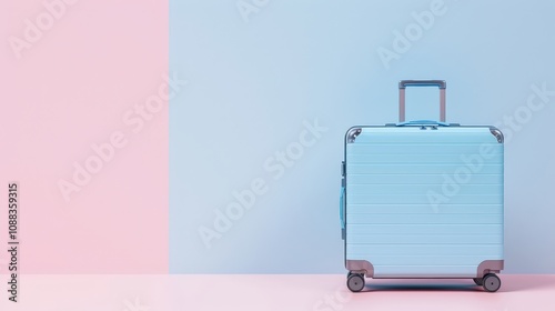 Stylish Blue Suitcase on Pastel Background