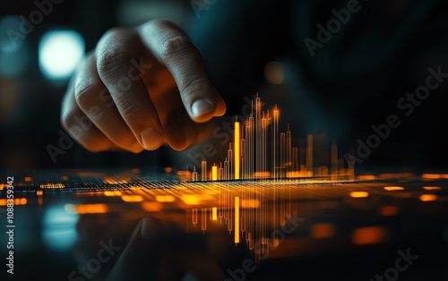 Businessman hand pointing at glowing candlestick forex chart, blurry office background, financial trends, market concept, double exposure design photo