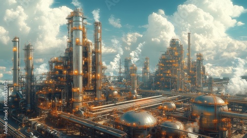 Majestic Industrial Refinery with Towers and Pipes Under a Dramatic Cloudy Sky in a Futuristic Setting