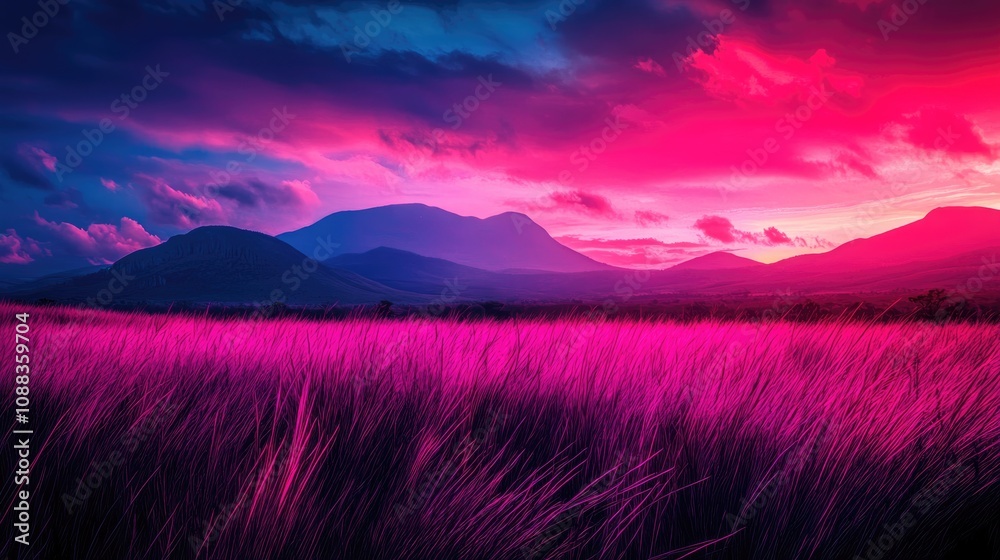 Vibrant Landscape of Lush Grasslands Under a Surreal Pink and Purple Sunset with Majestic Mountains in the Background