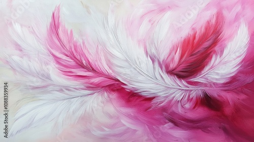 Graceful abstract artwork featuring flowing white and pink feathers on a delicate feather-inspired background, evoking tranquility and softness.