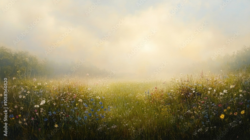 Obraz premium Expansive meadow scene featuring vibrant spring flowers surrounded by soft morning mist under a tranquil, cloudy sky.