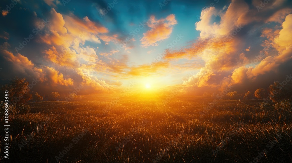 Vibrant sunset casting golden hues over a serene landscape with lush grass and dramatic clouds under a radiant blue sky. Vibrant sunset casting golden hues over a serene landscape with lush grass and dramatic clouds under a radiant blue sky.